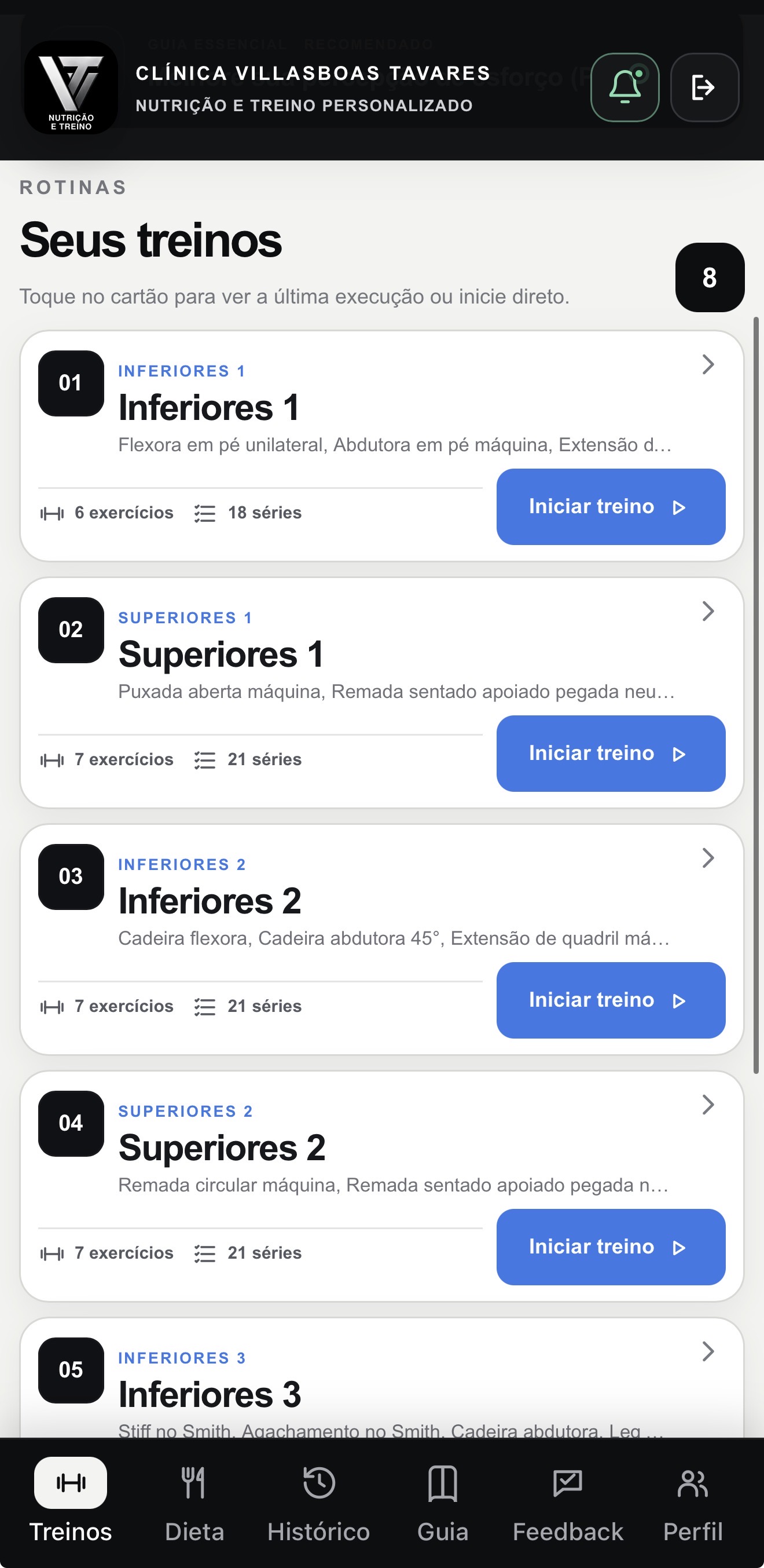 Seu treino no aplicativo